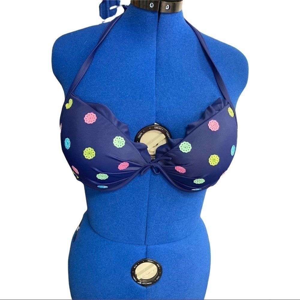 VICTORIA’S SECRET swim suit top, 36D, blue‎ polka dot ruffle tie straps